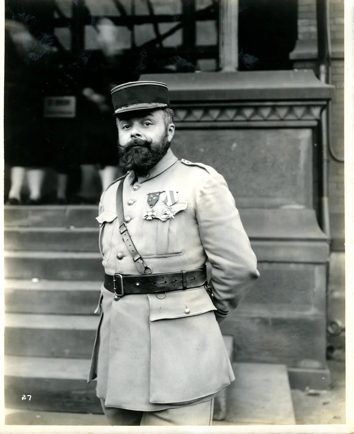 Decorated Allied (Likely French) Army Officer on Building Steps, WWI-Era Ohio War-Relief Tour, c. 1917-1918