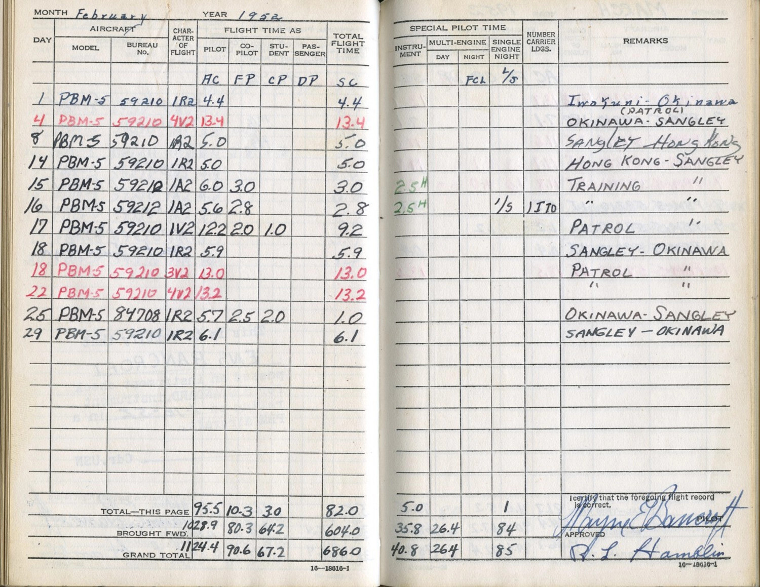 US Navy Flight Logbook Page - PBM-5 Mariner Patrol Flights, February 1952