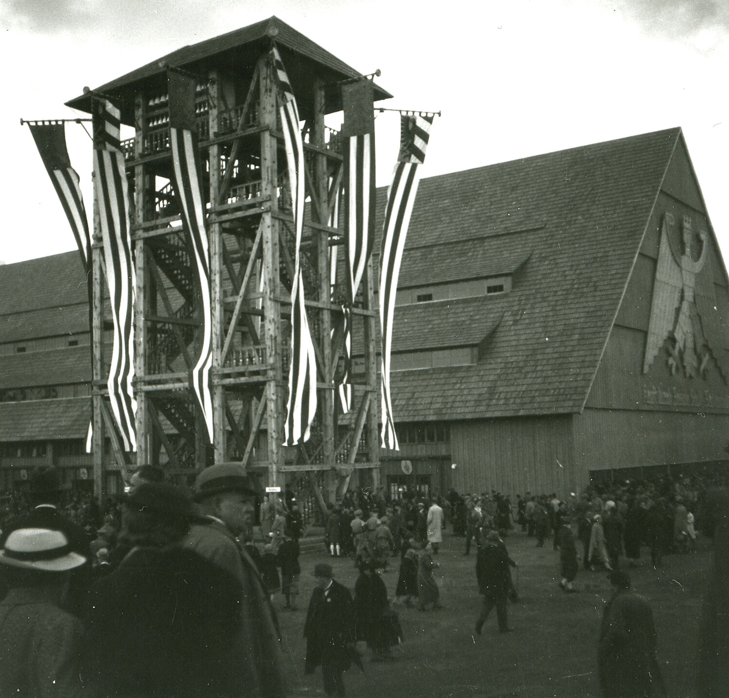 Decorated Observation Tower and Crowd at Nuremberg Fairground, WWII-Era Negative Collection