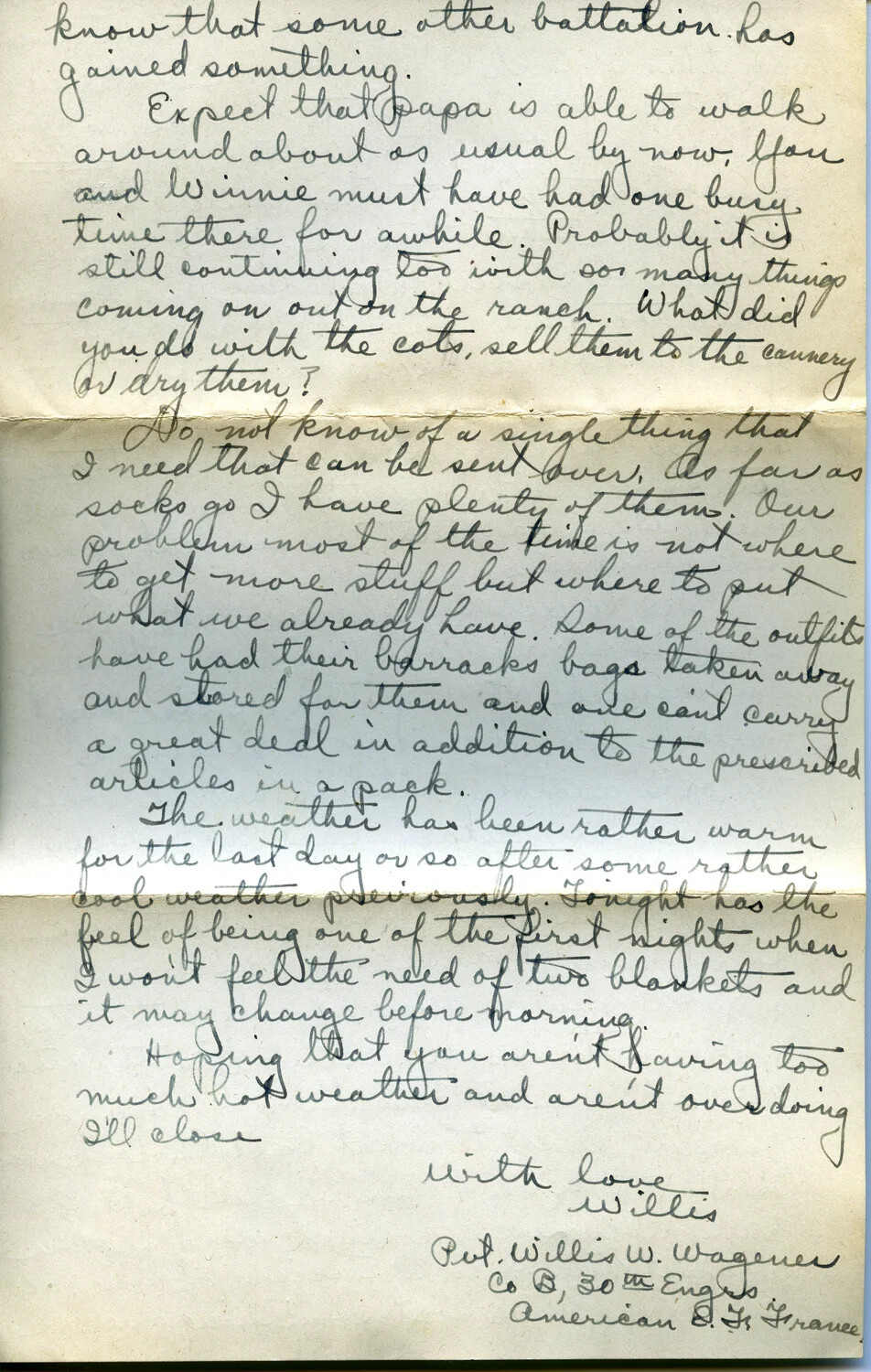Handwritten Letter Page from Pvt. Willis W. Wagener, Co. B, 30th Engineers, AEF France, WWI