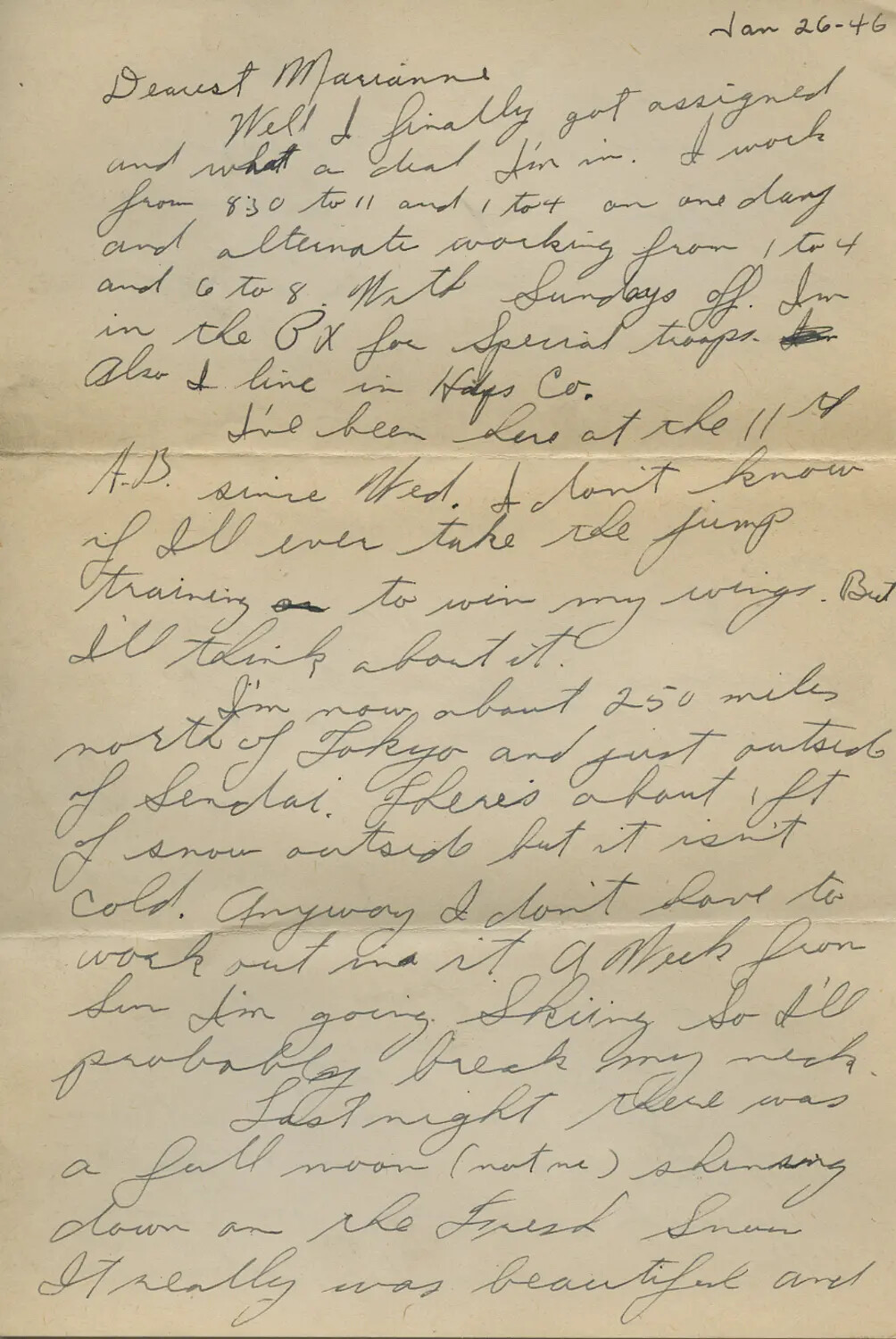 Handwritten Letter to 'Dearest Marianne' from 11th Airborne Division, Sendai, Japan, Dated January 26, 1946