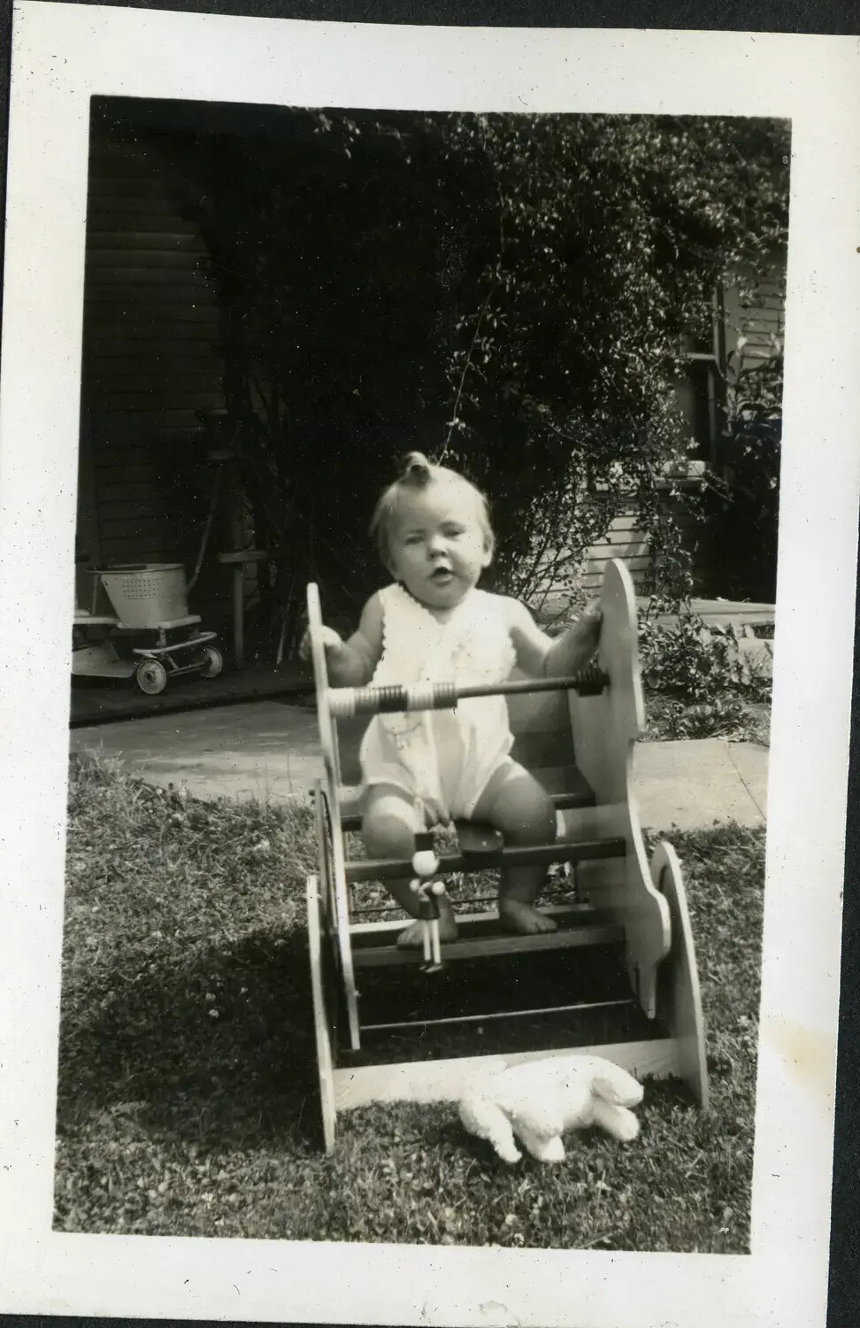 Toddler in Wooden Folding Chair, Backyard Snapshot, 1930s Family Photo Album