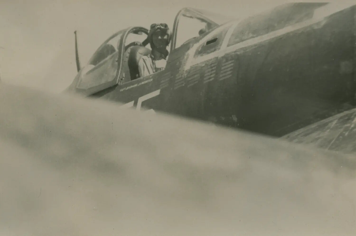 Fighter Pilot in Cockpit Amid Clouds, Air-to-Air Photograph, WWII/Korean War Era