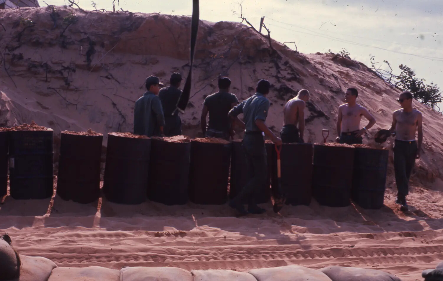 American Servicemen Filling Sand Drums for Fortification Work, Cam Ranh Bay, Vietnam