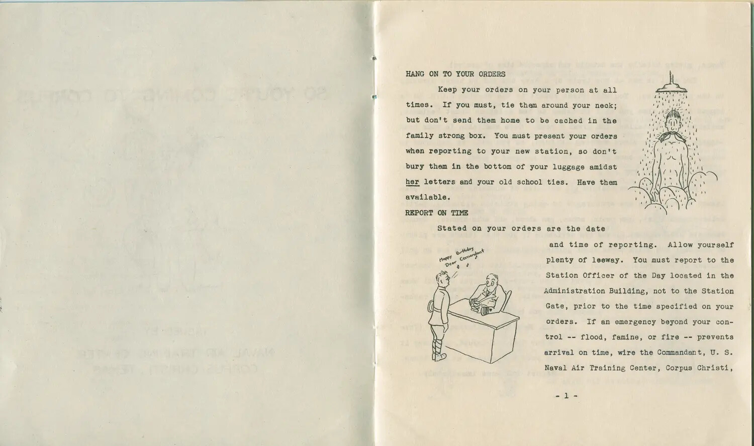 "So You're Coming to Corpus" -- U.S. Naval Air Training Center Orientation Booklet, Page 1