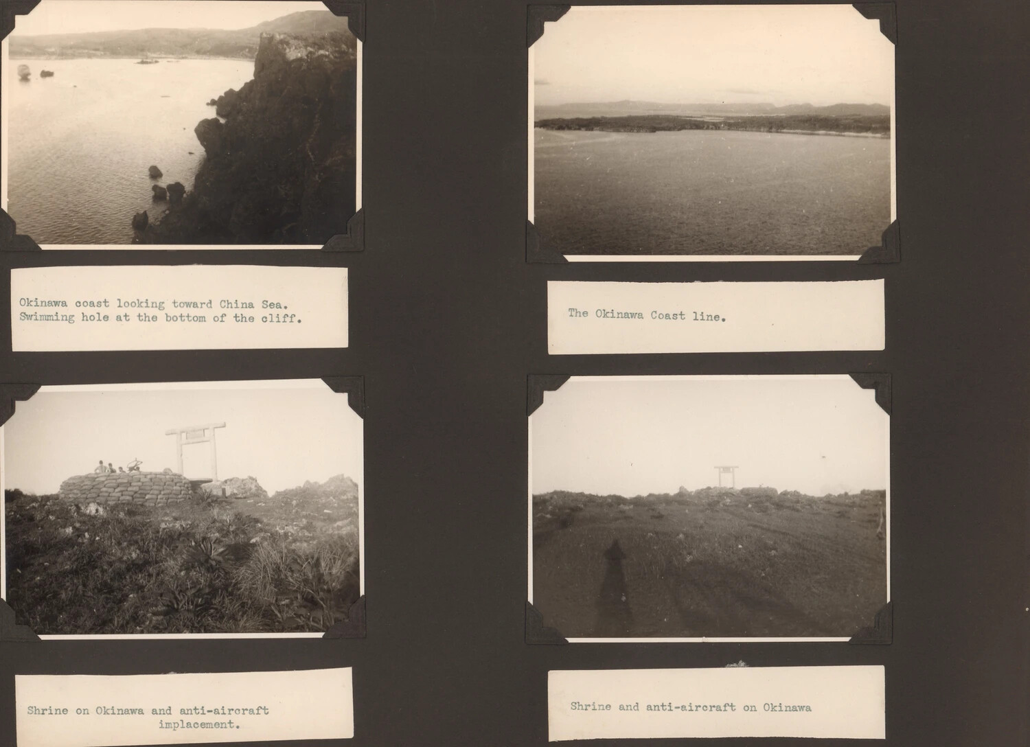 Album Page: Okinawa Coastline and Shrine with Anti-Aircraft Emplacement, WWII Pacific Theater