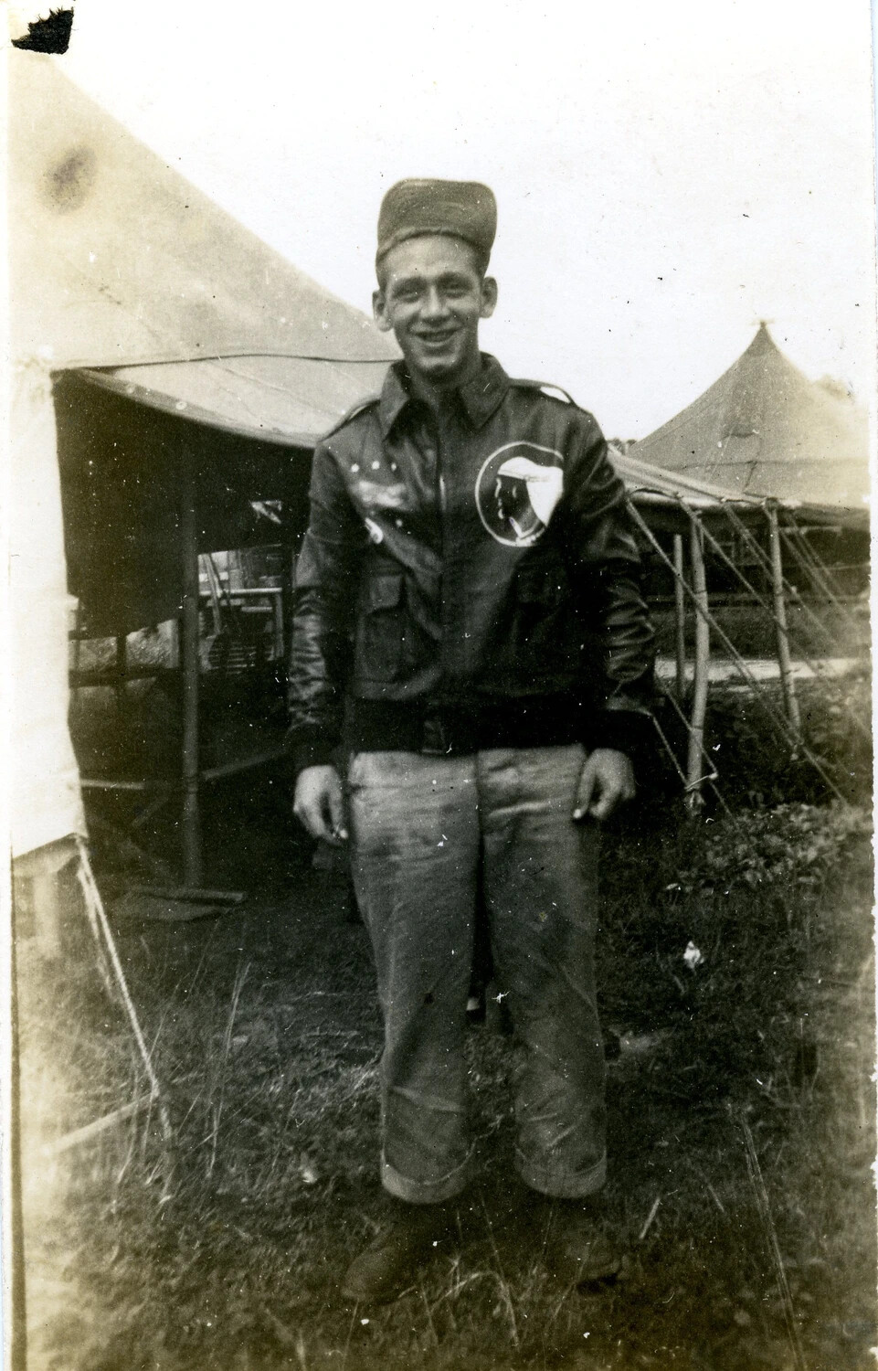 Airman in A-2 Flight Jacket with Squadron Patch, 345th Bomb Group, Ie Shima, WWII