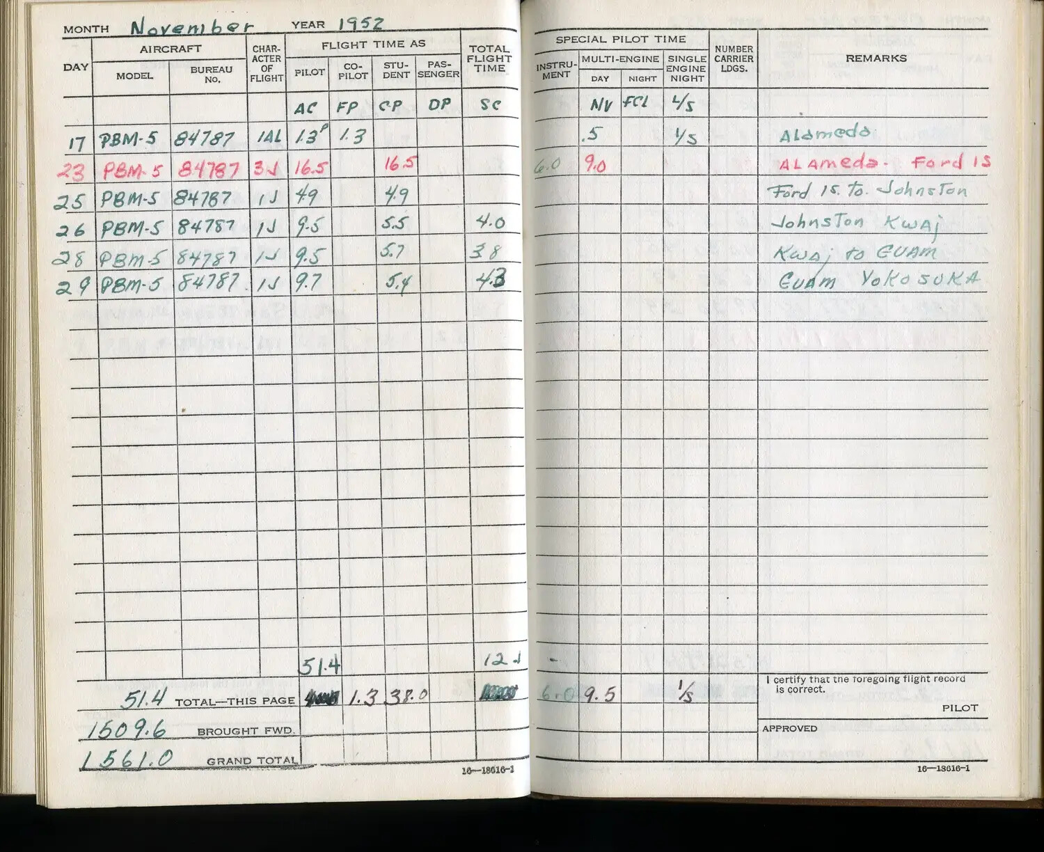 U.S. Navy Pilot's Flight Logbook, November 1952 - PBM-5 Mariner Trans-Pacific Flights, Bancroft Collection