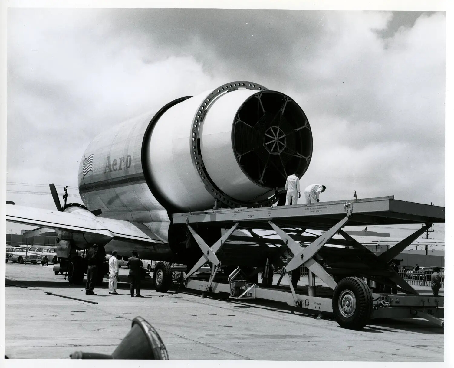 Aero Spacelines Guppy Outsize-Cargo Aircraft with Cylindrical Cargo Section on Loading Trailer
