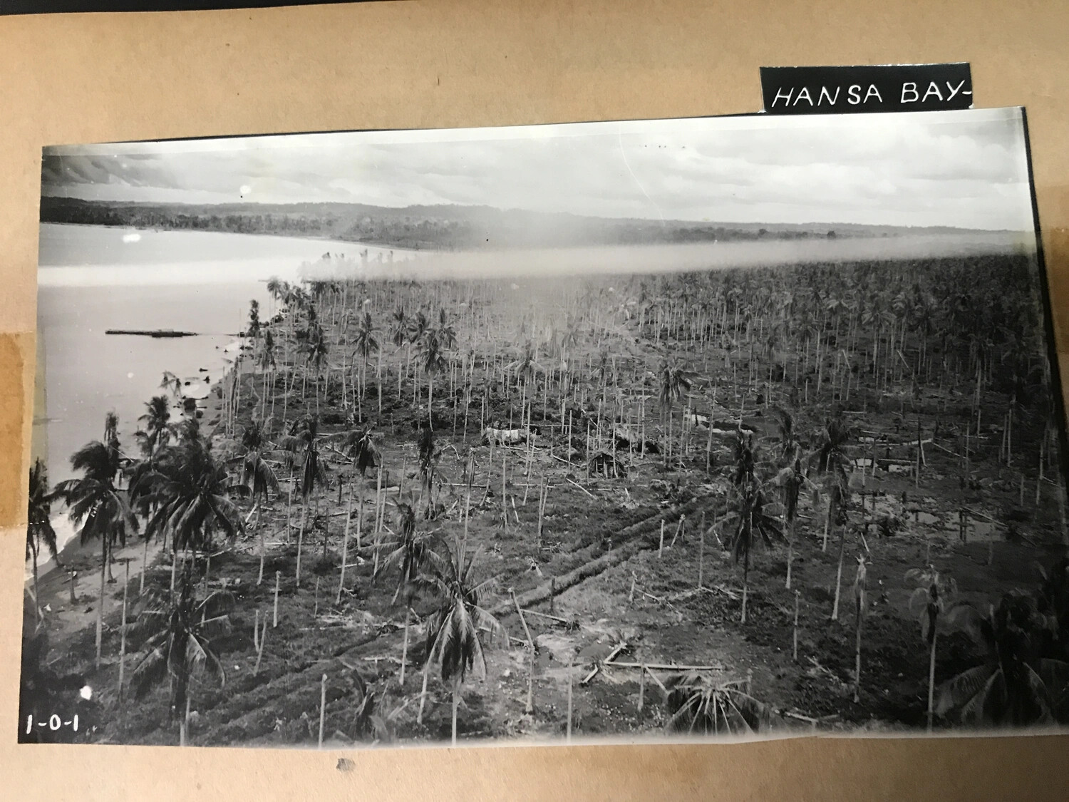 Album Page: Aerial Photograph of Hansa Bay Plantation Damage with Original Label