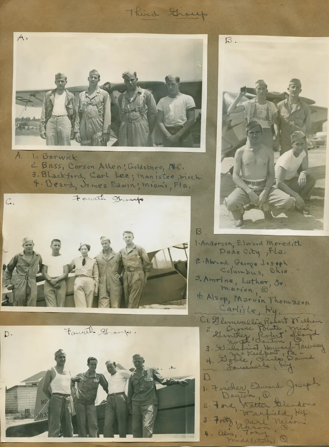 Roster Page: Aviation Cadet Training Sections (Groups A–D) with Piper Cub Trainers