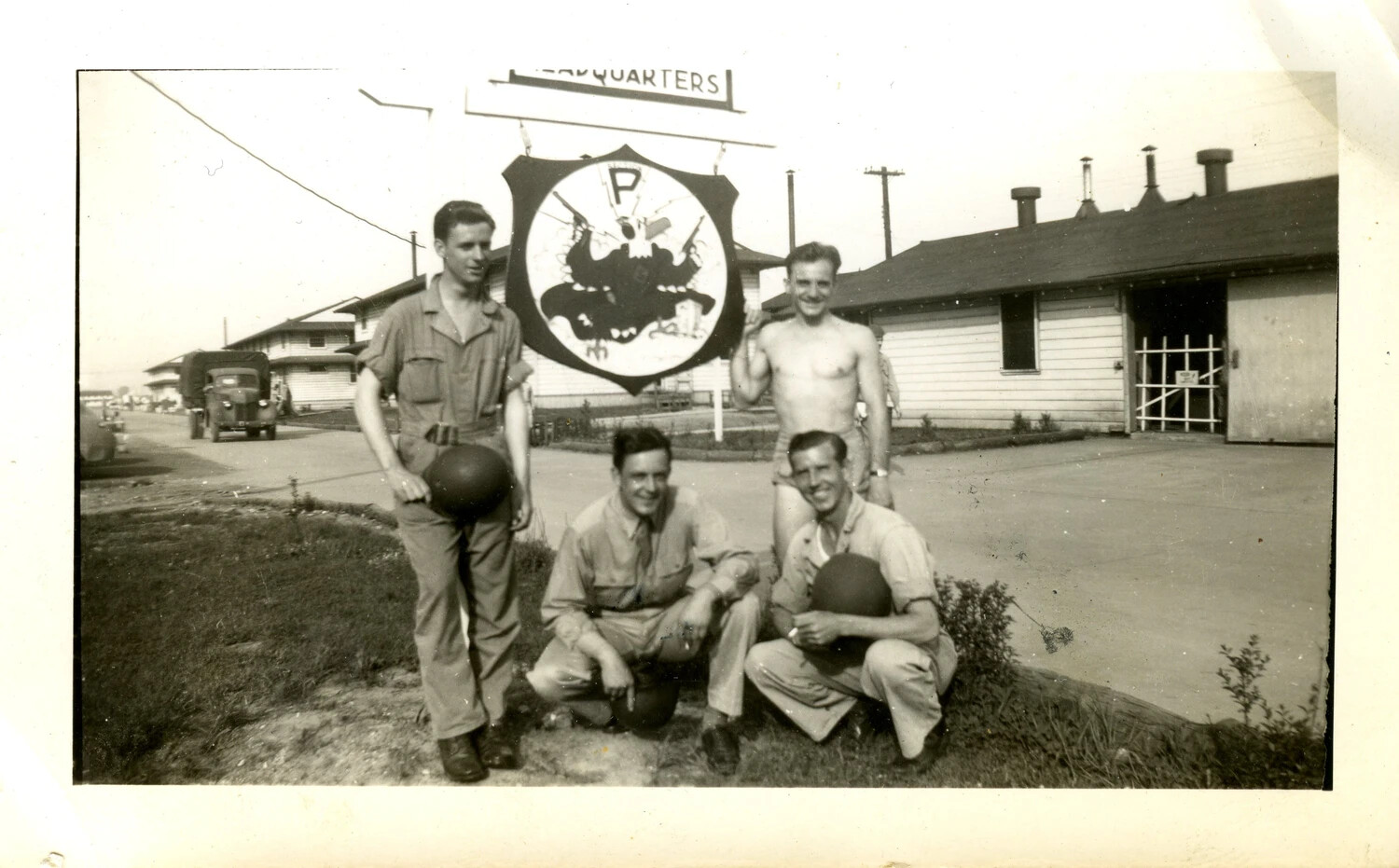 Airmen of the 345th Bombardment Group Posing at Squadron Headquarters, Ie Shima, WWII Pacific Theater