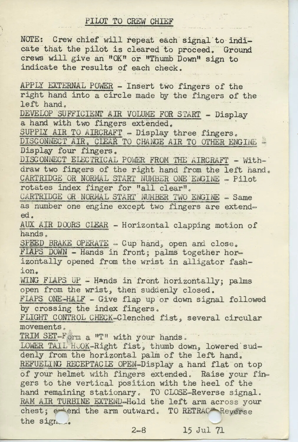 USAF Pilot-to-Crew-Chief Ground Signal Reference Page, dated 15 Jul 71