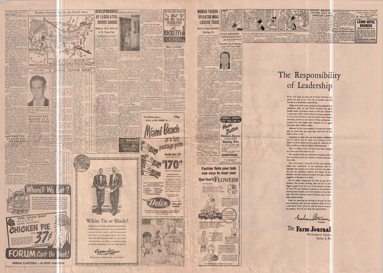 Chicago Daily Tribune Newspaper Page, December 30, 1952