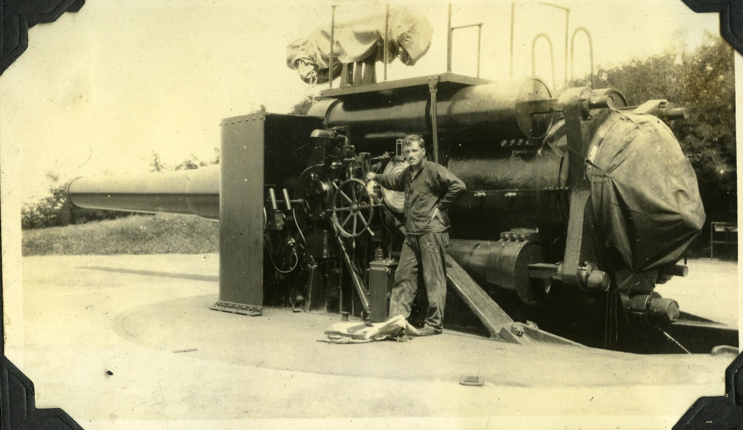 Soldier Beside Breech Mechanism of Large Coastal Defense Gun, Harbor Defenses of Manila Bay, Philippines, c. 1930s–1940s