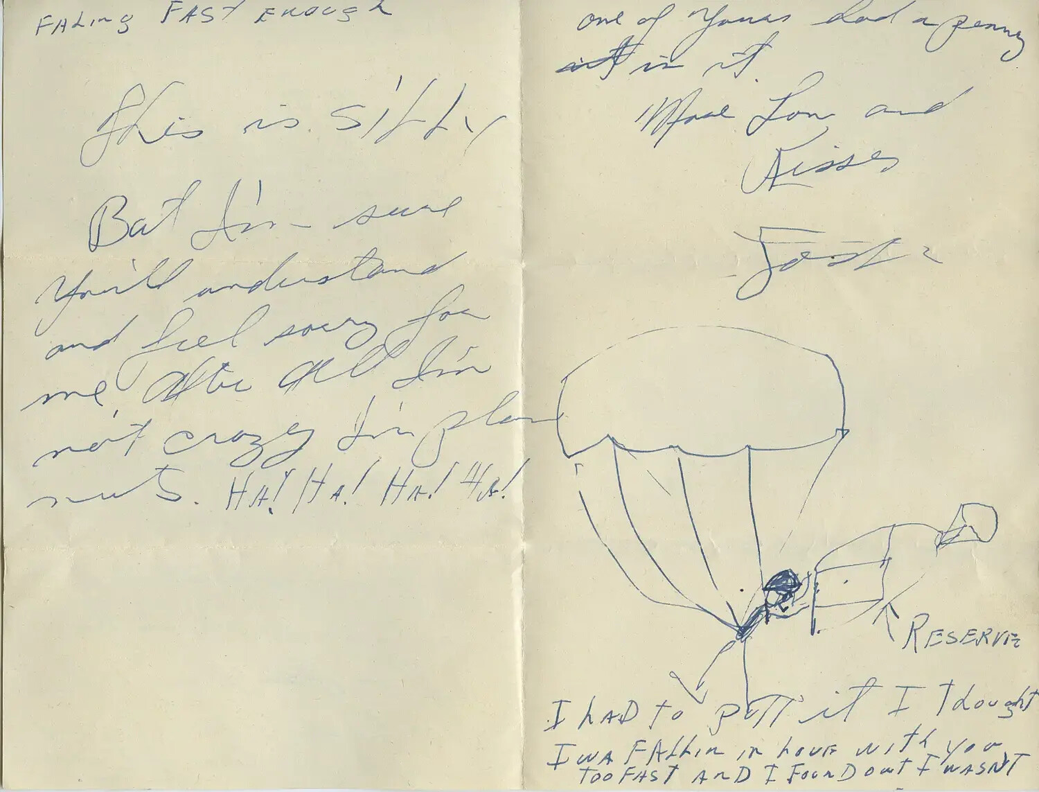 Illustrated WWII Love Letter with Parachute Sketch — 'Falling Fast Enough,' Moon/Sammie Correspondence Collection