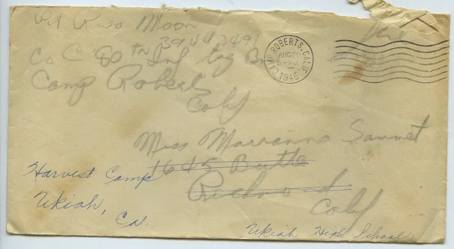 WWII Envelope, Pvt. Ross Moon, Camp Roberts, California, Forwarded to Harvest Camp, Ukiah, August 1945