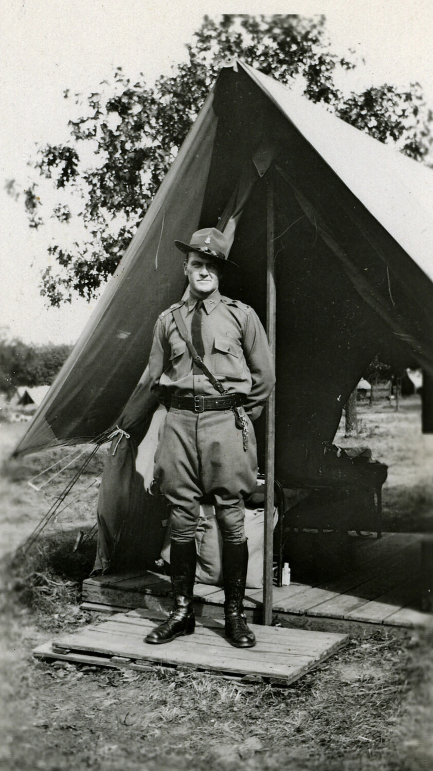 American Army Officer Standing Before Tent at Military Encampment, WWI
