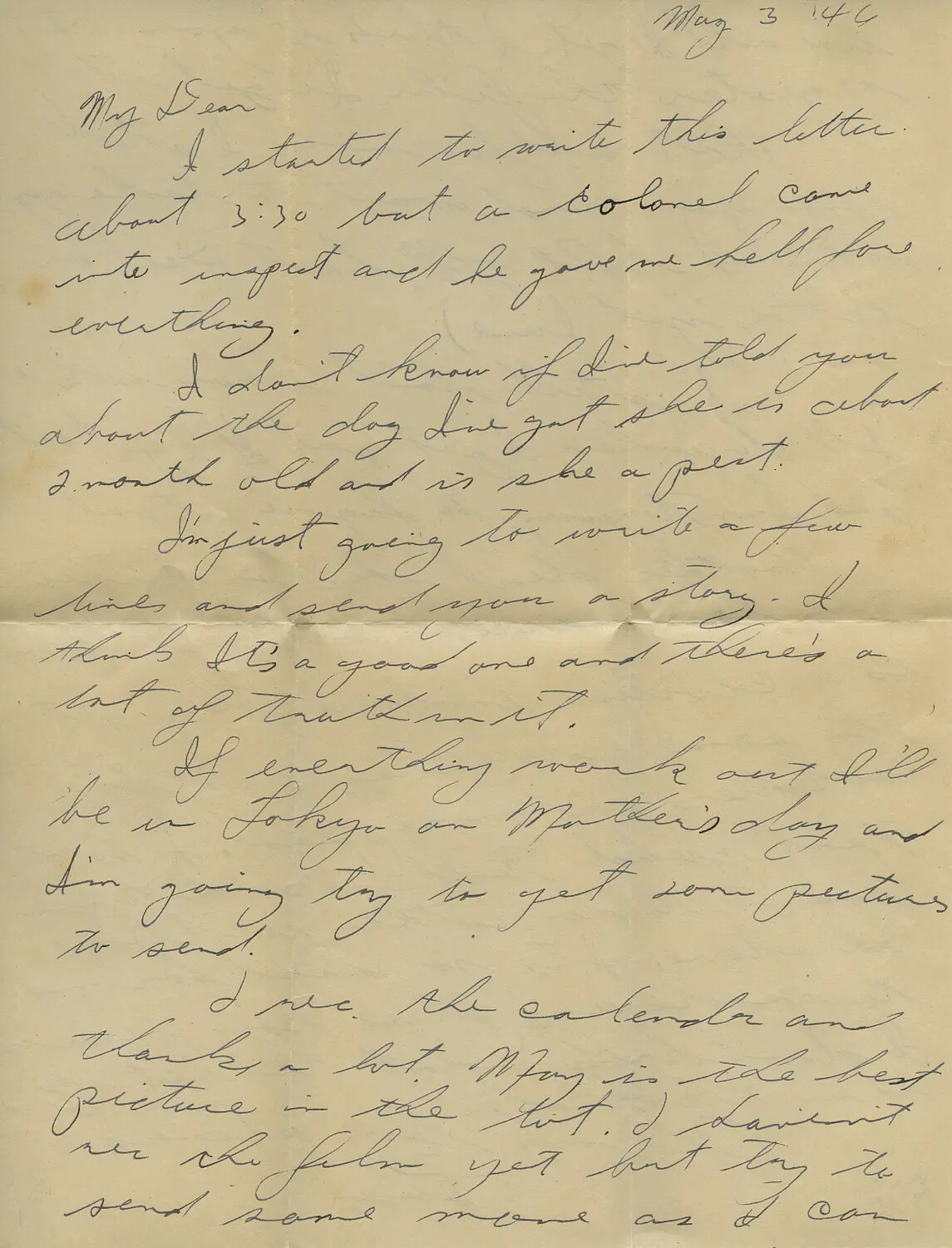 Handwritten Letter Home, Dated May 3, 1946, U.S. Occupation Forces in Japan