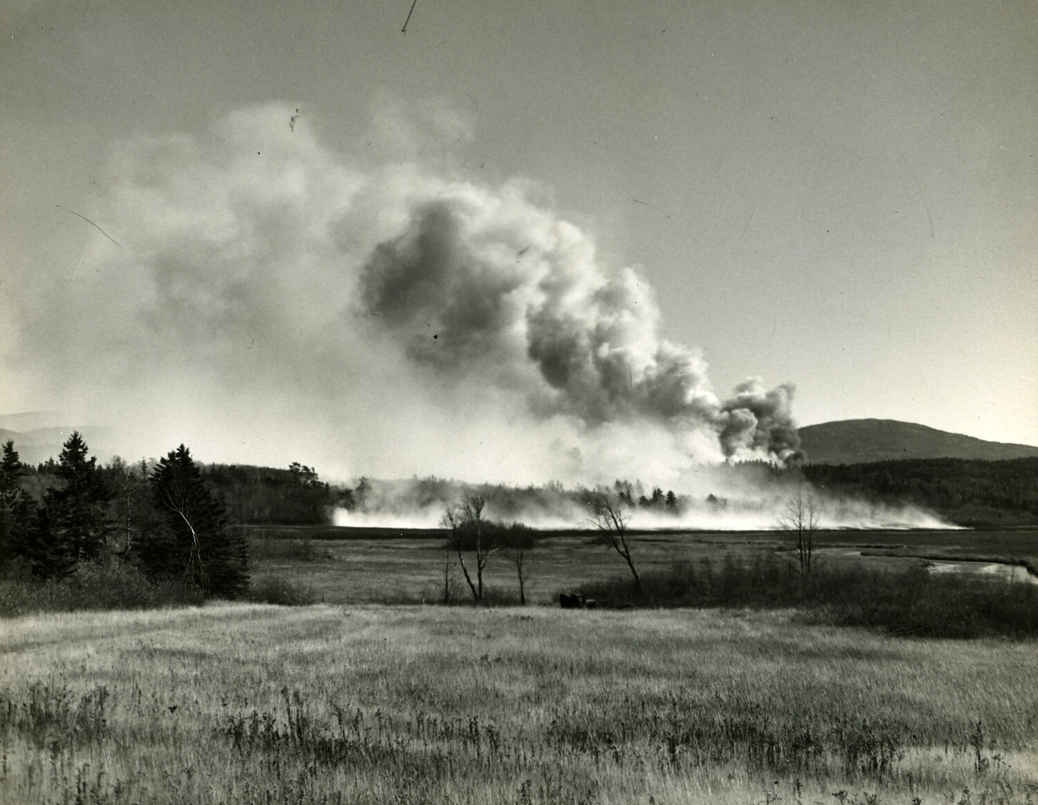 Large Smoke Plume Rising Over Rural Landscape, Postwar Japan Photo Album (1950s)