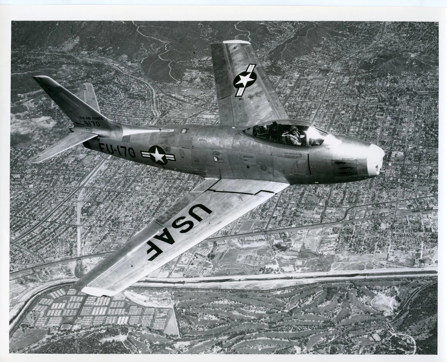 North American F-86 Sabre 'FU-170' in Flight Over Los Angeles Basin, USAF