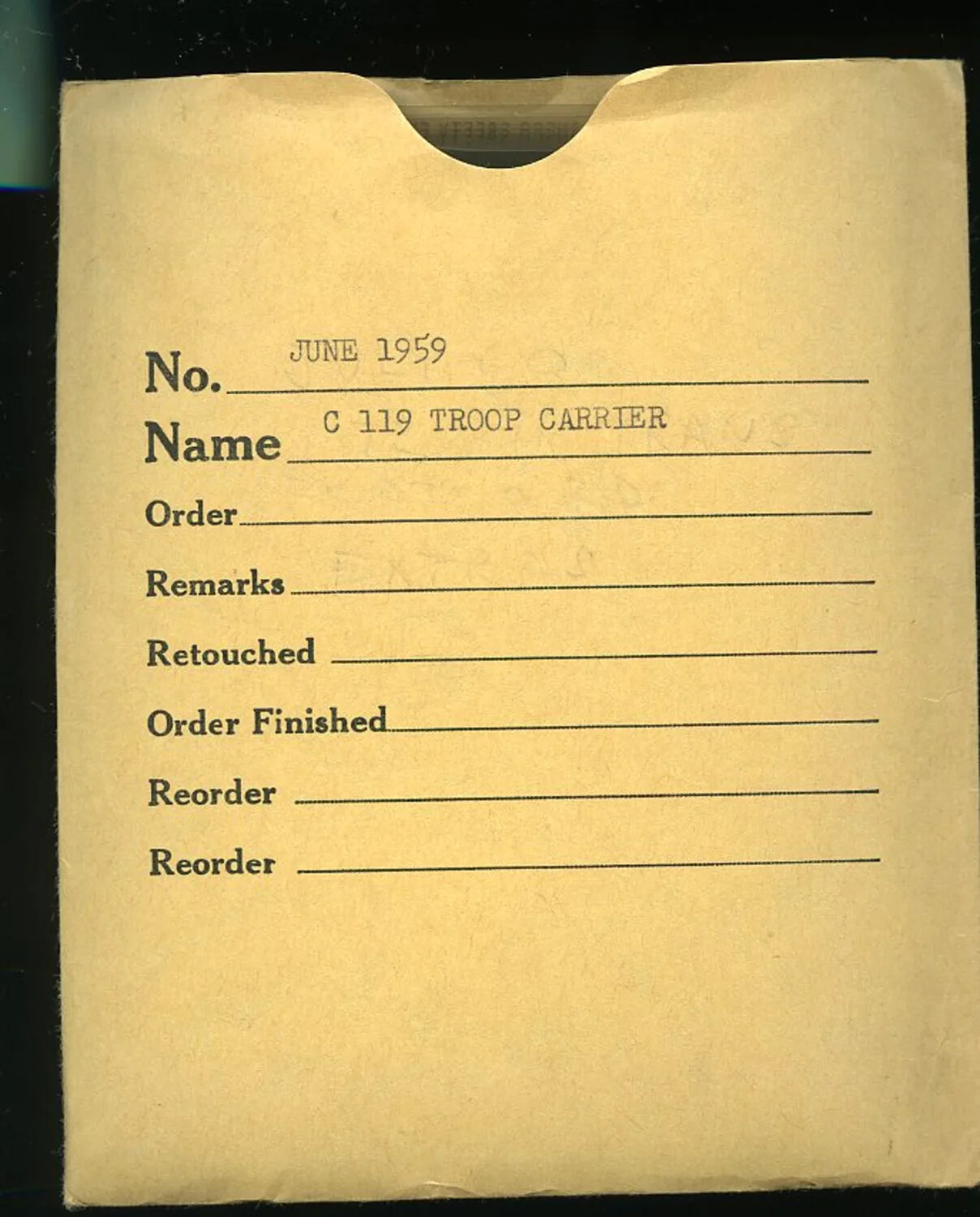 Photo-Lab Negative Envelope Labeled 'C 119 Troop Carrier,' June 1959