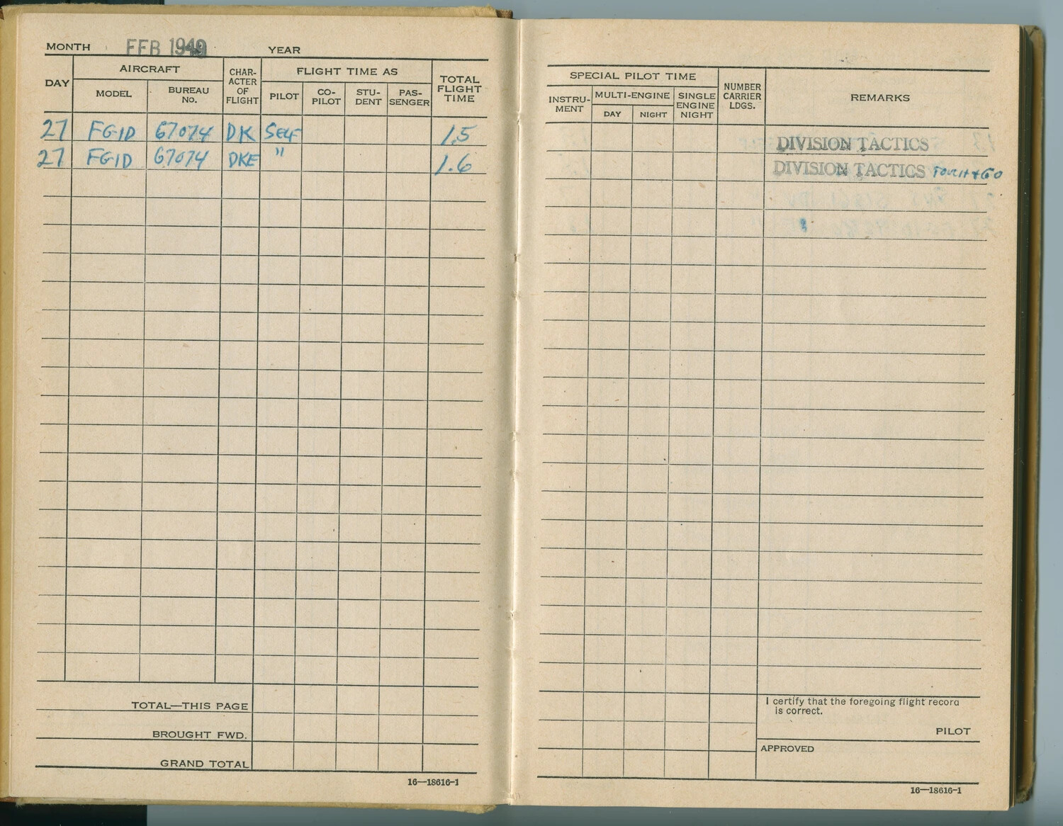 Pilot's Flight Log Book Page, February 1949 - FG-1D Corsair Division Tactics Training