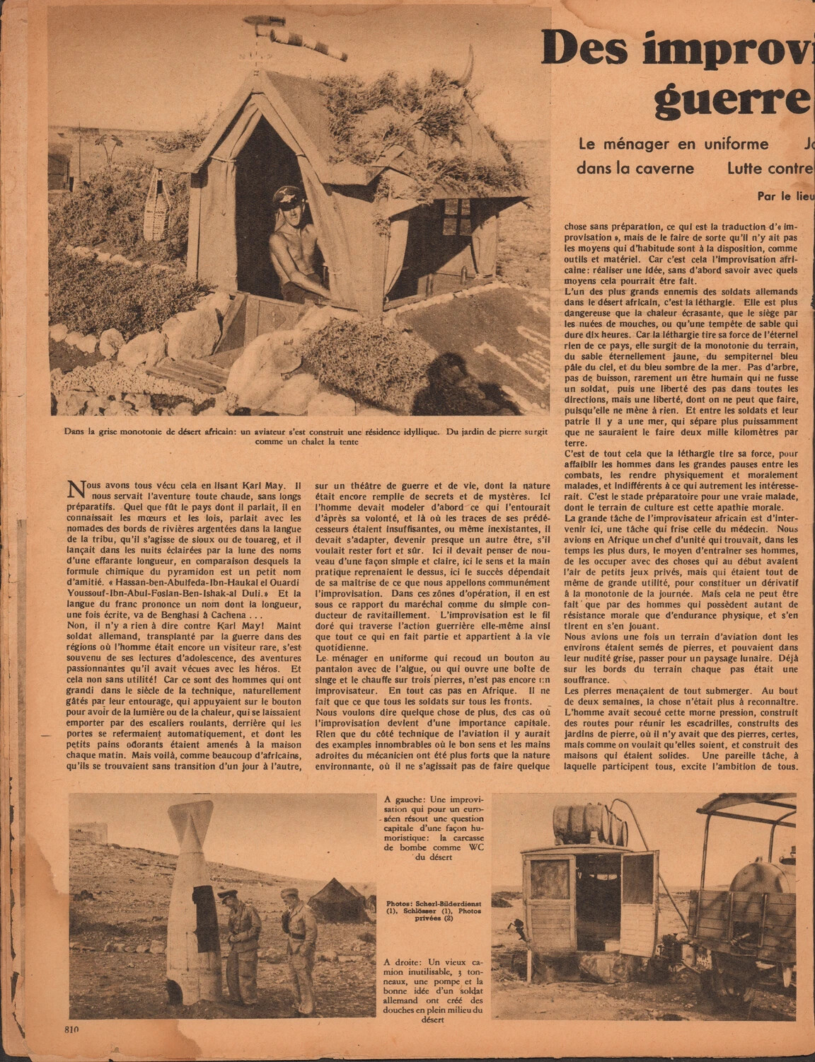 Der Adler (French-language edition), p. 810 — "Des improvisations de guerre... du désert": Luftwaffe Field-Improvisation Feature, North African Campaign