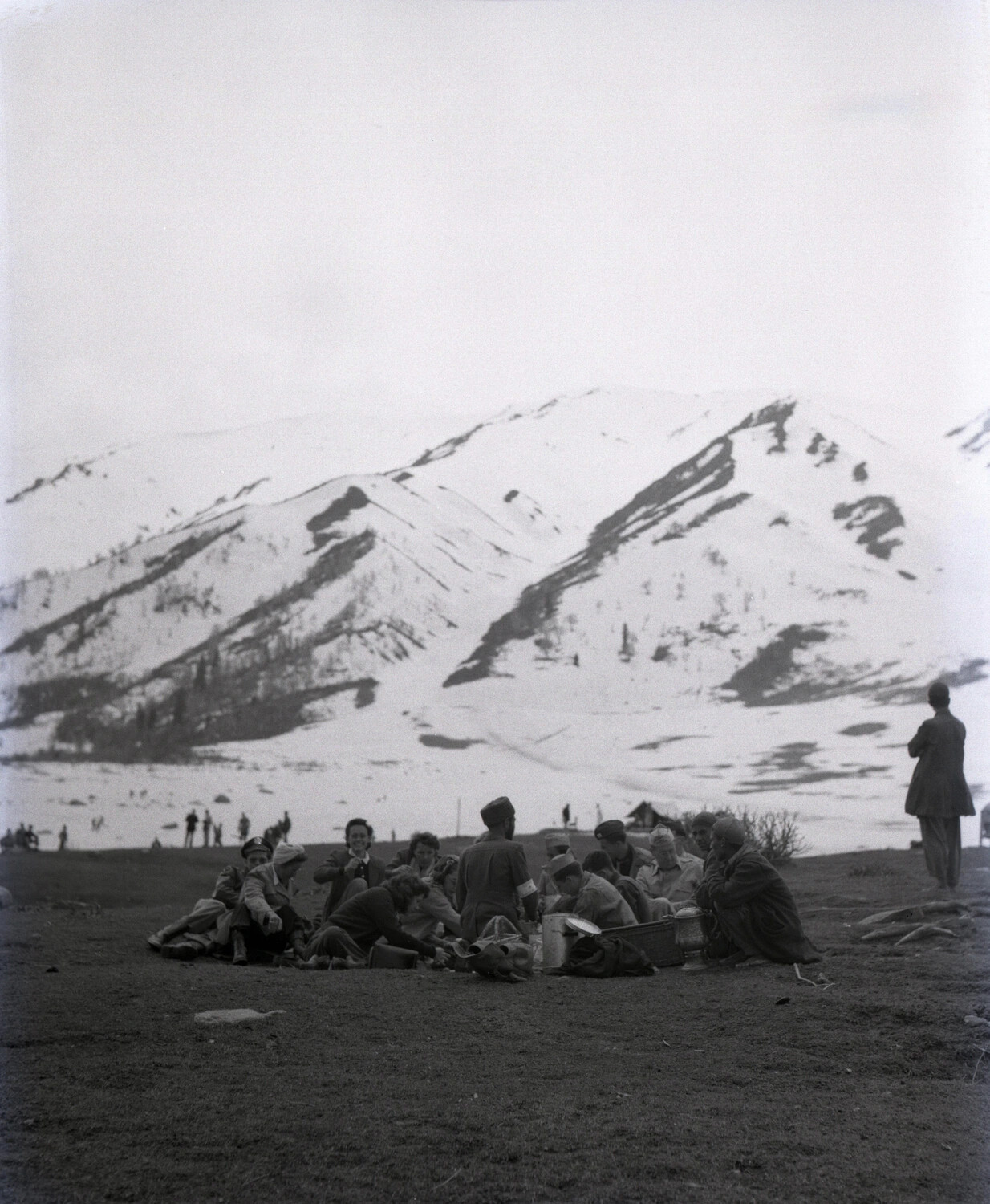 Group Picnic with Local Kashmiri Men, Himalayan Foothills, CBI Theater, WWII Era
