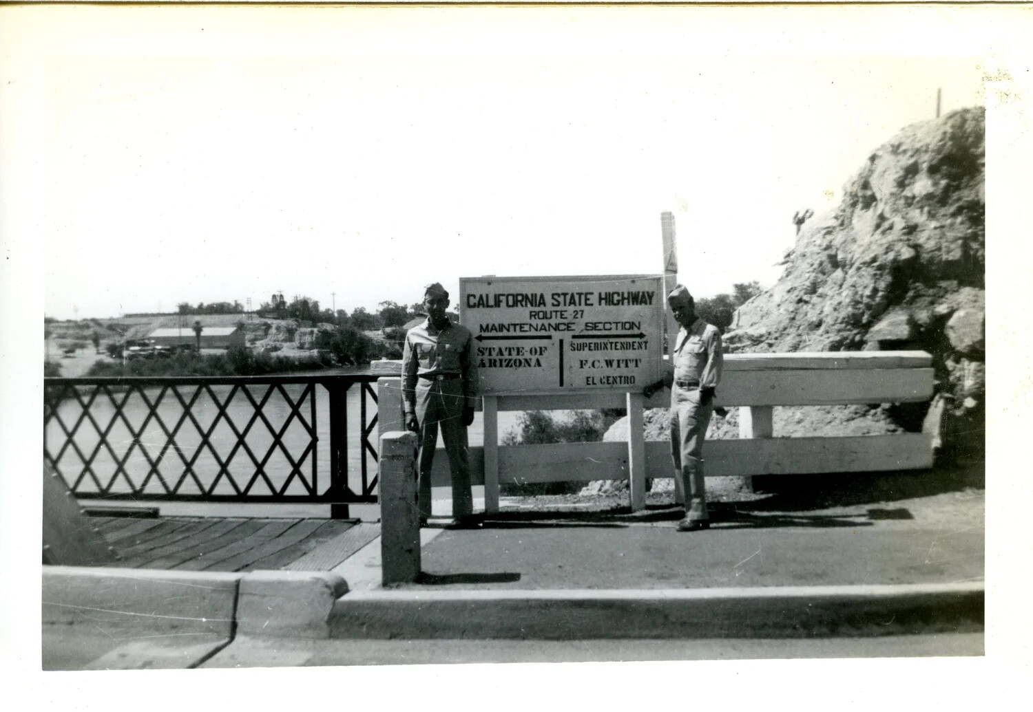 Servicemen at California-Arizona State Line Highway Sign