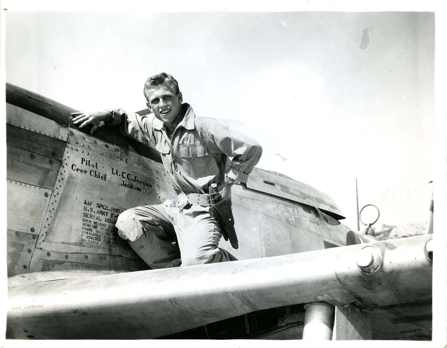 USAAF Fighter Pilot Posed on Wing of P-51/F-6 Mustang with Named Crew Stencil, China-Burma-India Theater, WWII