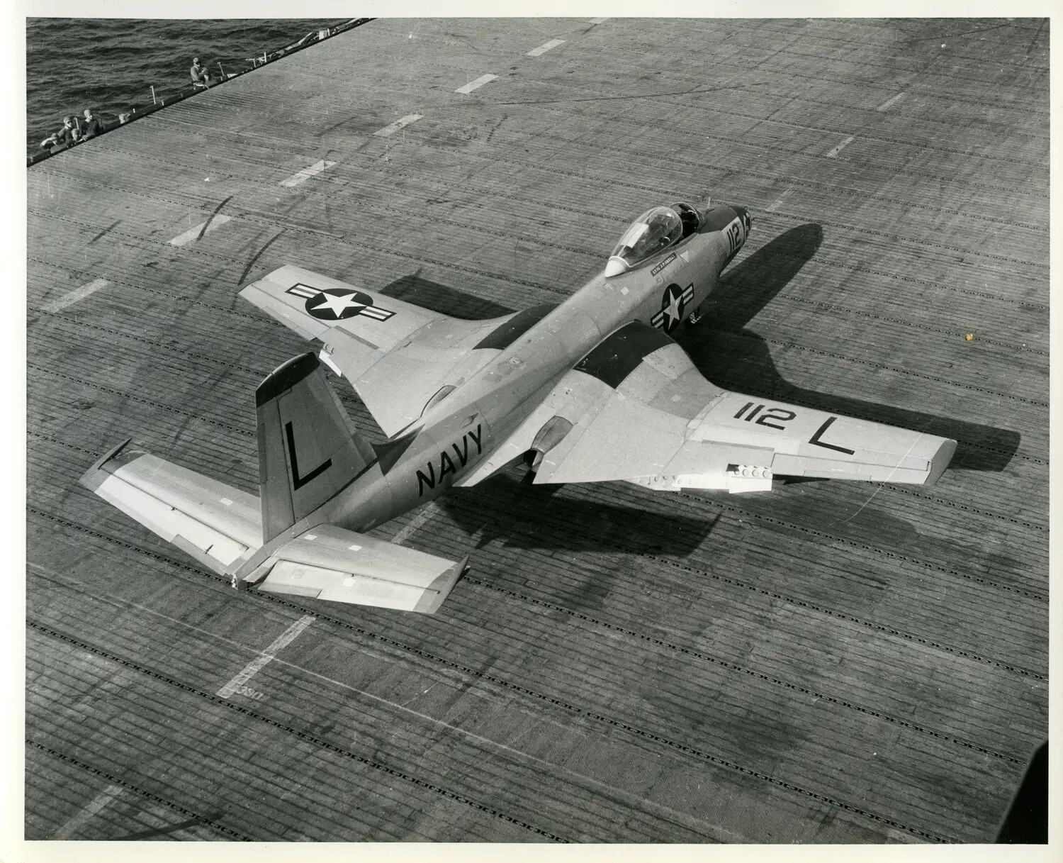 U.S. Navy Grumman F9F Cougar-type Jet Fighter on Carrier Flight Deck