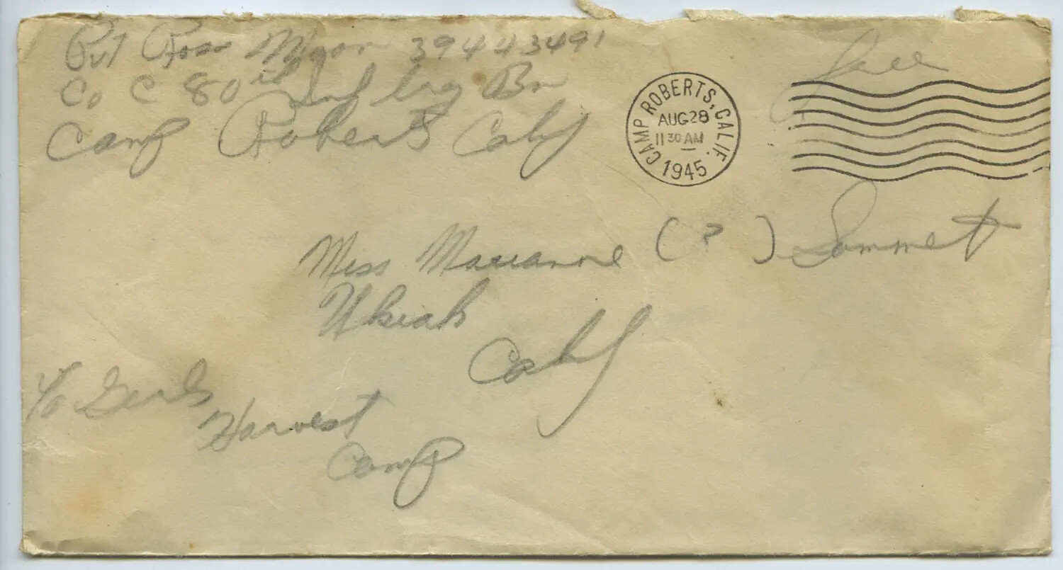 WWII Postal Envelope, Pvt. Ross Moon to Miss Marianne Sommet, Camp Roberts, California, August 28, 1945