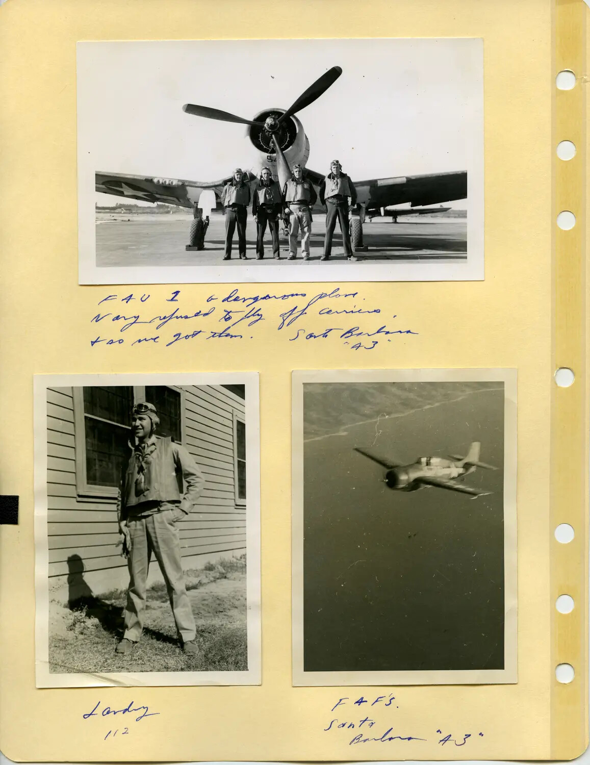WWII Aviator's Album Page: F4U Corsair and F4F Wildcat Fighters, Santa Barbara, 1943