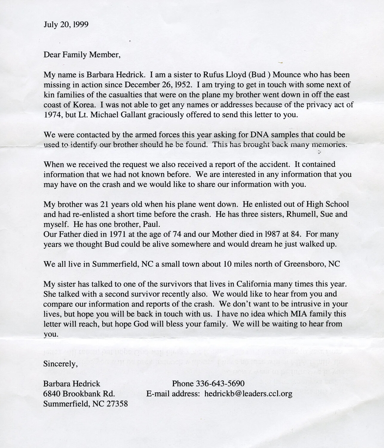 Letter from Barbara Hedrick Regarding MIA Serviceman Rufus Lloyd 'Bud' Mounce, July 20, 1999