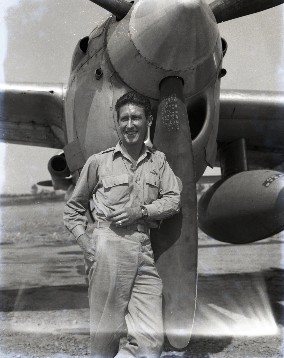 American Fighter Pilot Portrait Beside Aircraft Propeller, CBI Theater (Burma Collection)