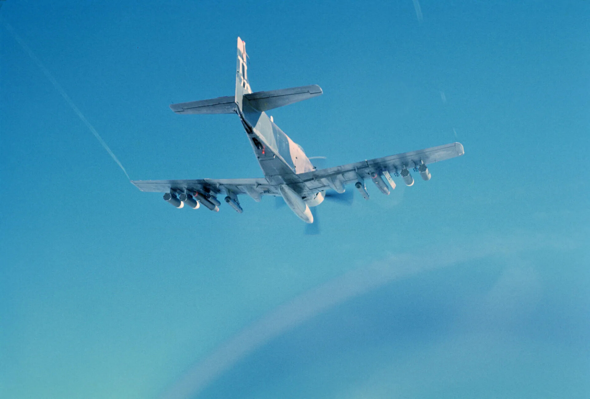 A-1 Skyraider in Flight with Full Ordnance Load, Vietnam War Era Color Slide