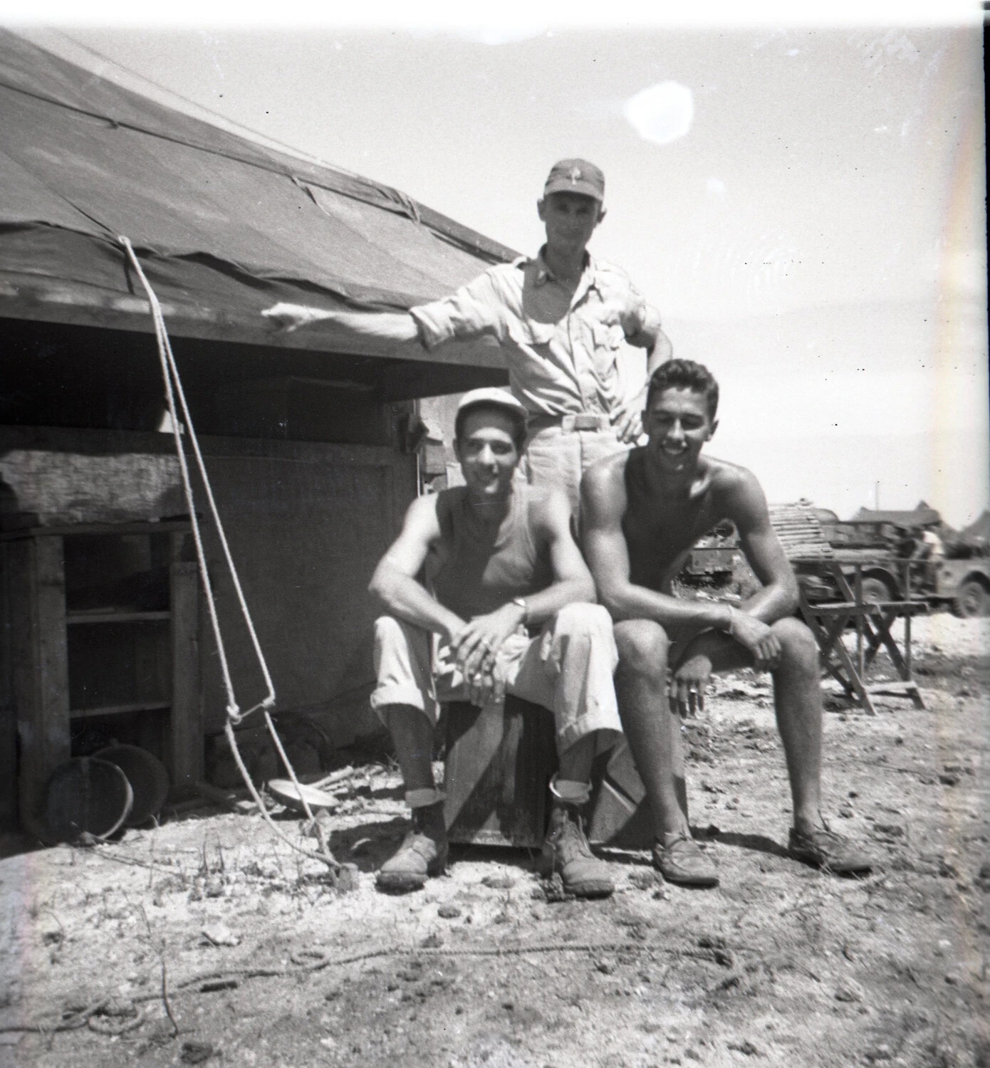 Three U.S. Army Air Forces Airmen at Tent Encampment, Ie Shima, WWII Pacific Theater
