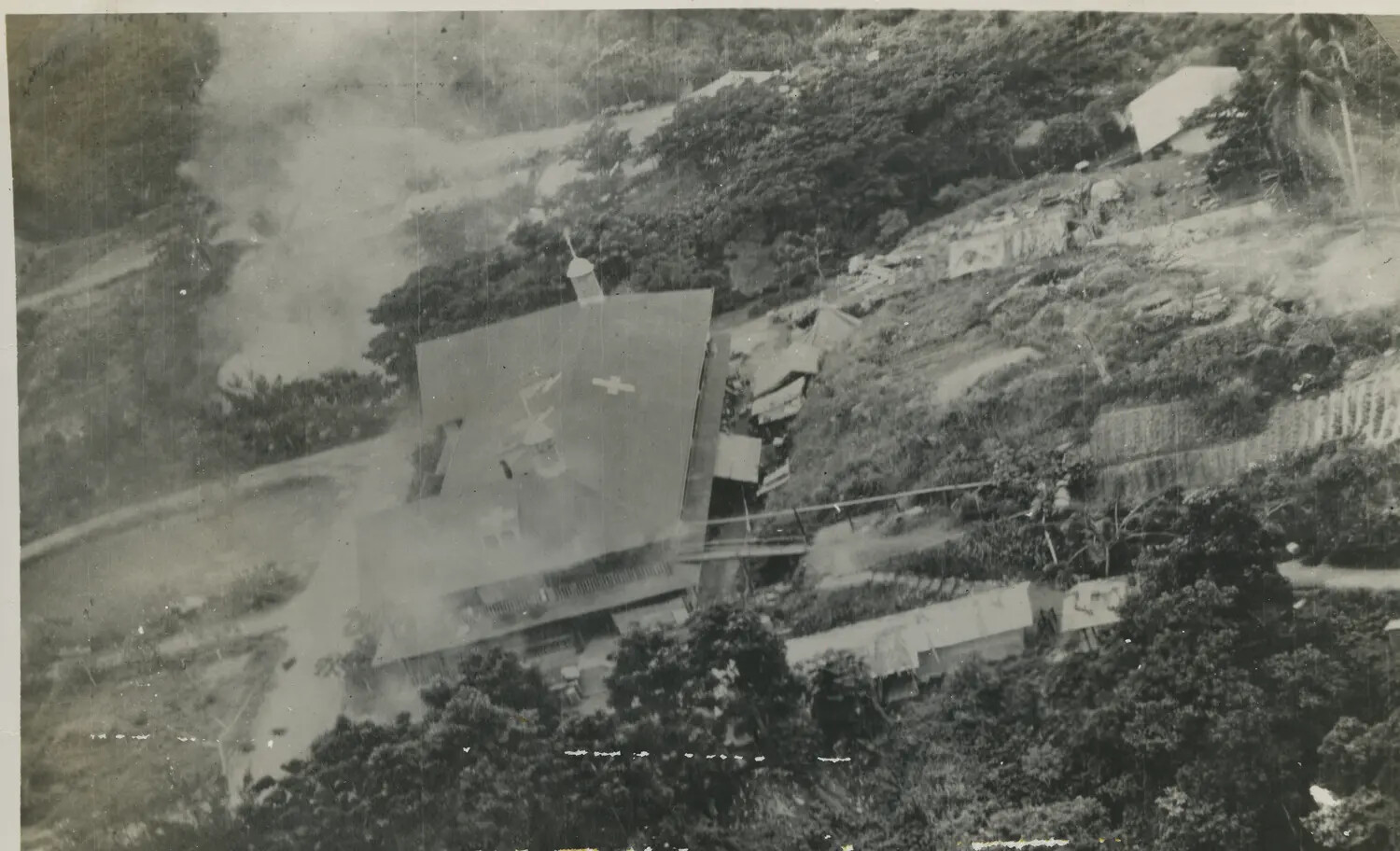 Low-Altitude Aerial Photograph of Village Church and Surrounding Structures, 312th Bomb Group, WWII Pacific Theater