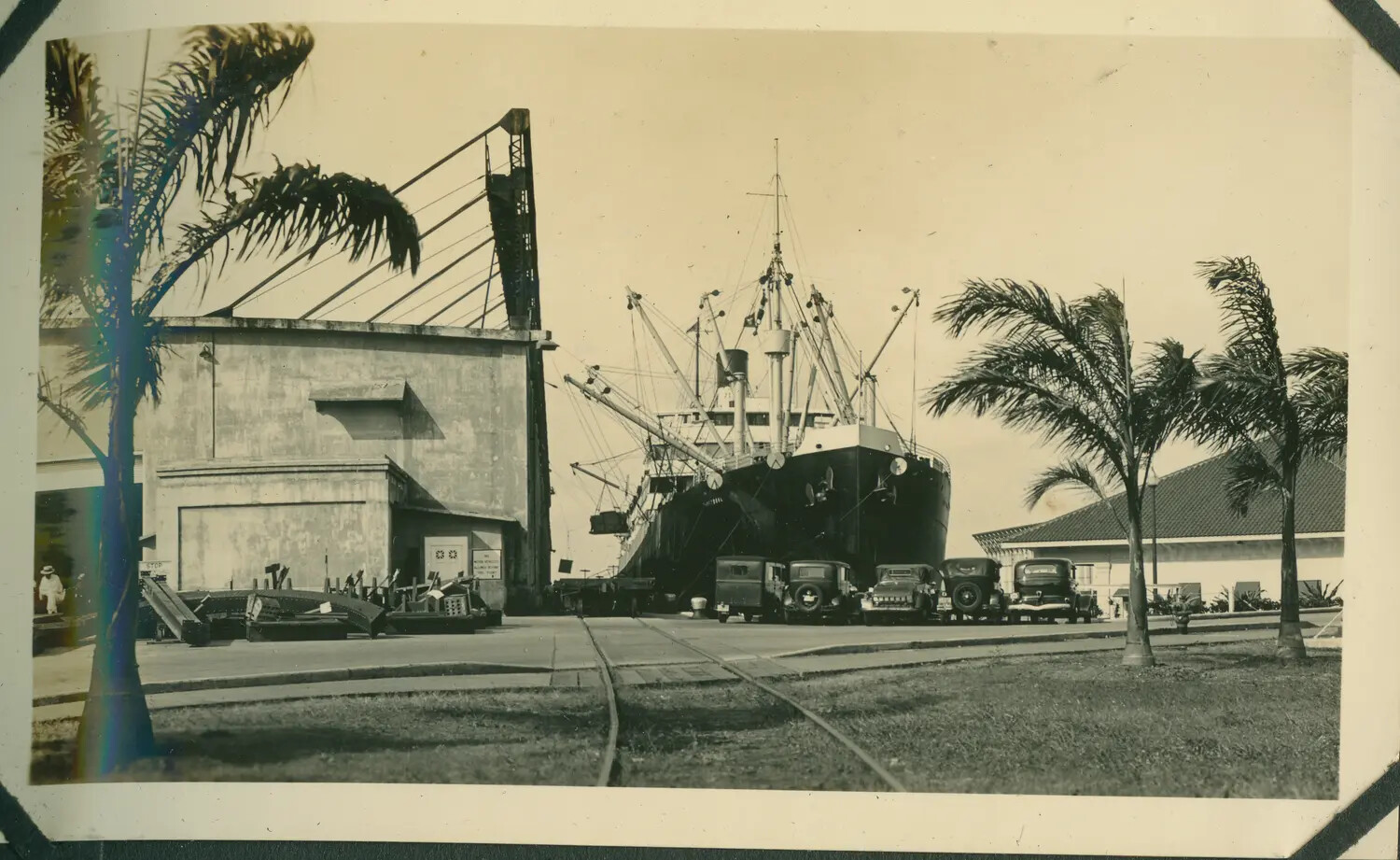 Cargo Ship at Dock, Panama Canal Zone Port Facility, WWII Era Photo Album