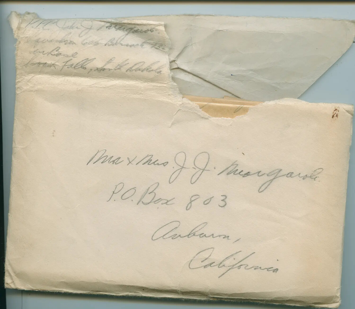 Torn Wartime Envelope Addressed to Mr. and Mrs. J.J. Margaroli, Auburn, California, 1944
