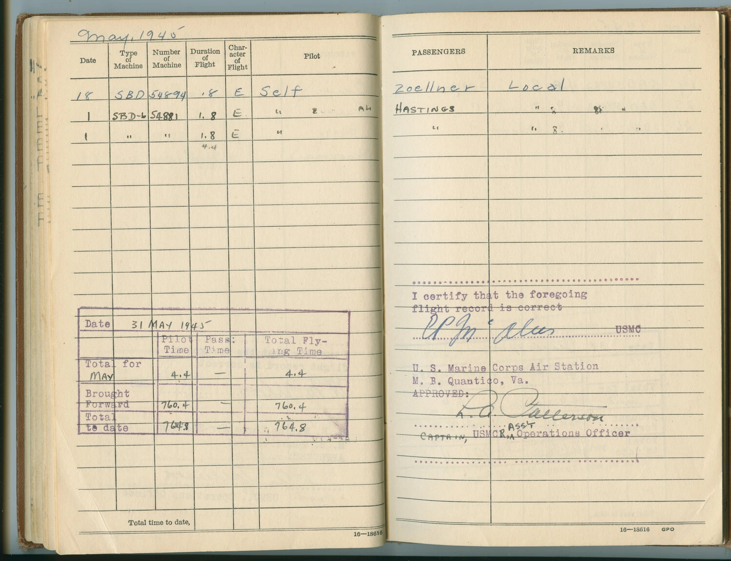 Page from USMC Aviator's Flight Logbook, SBD Dauntless Entries, MCAS Quantico, Virginia, May 1945