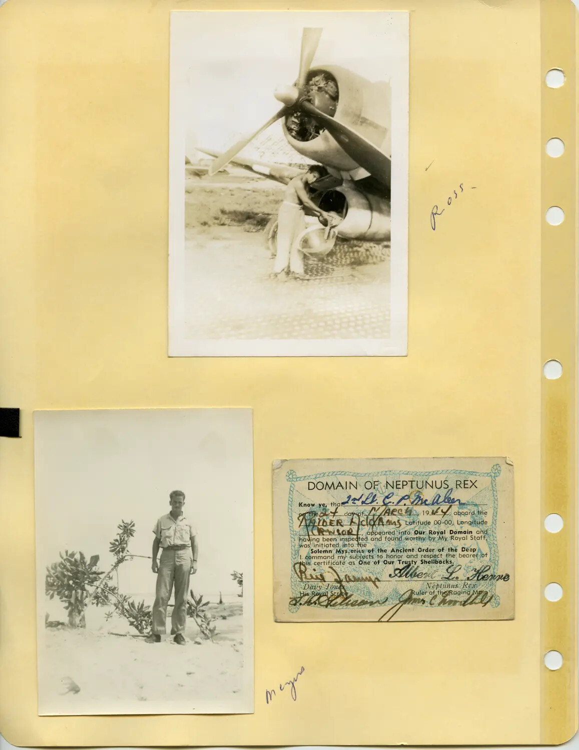Album Page: Aircraft Maintenance Photos and 'Domain of Neptunus Rex' Equator-Crossing Certificate — McAleer Collection