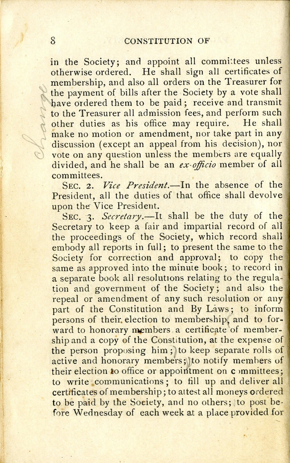Literary Society Constitution and By-Laws, Page 8 -- Duties of President, Vice President, and Secretary