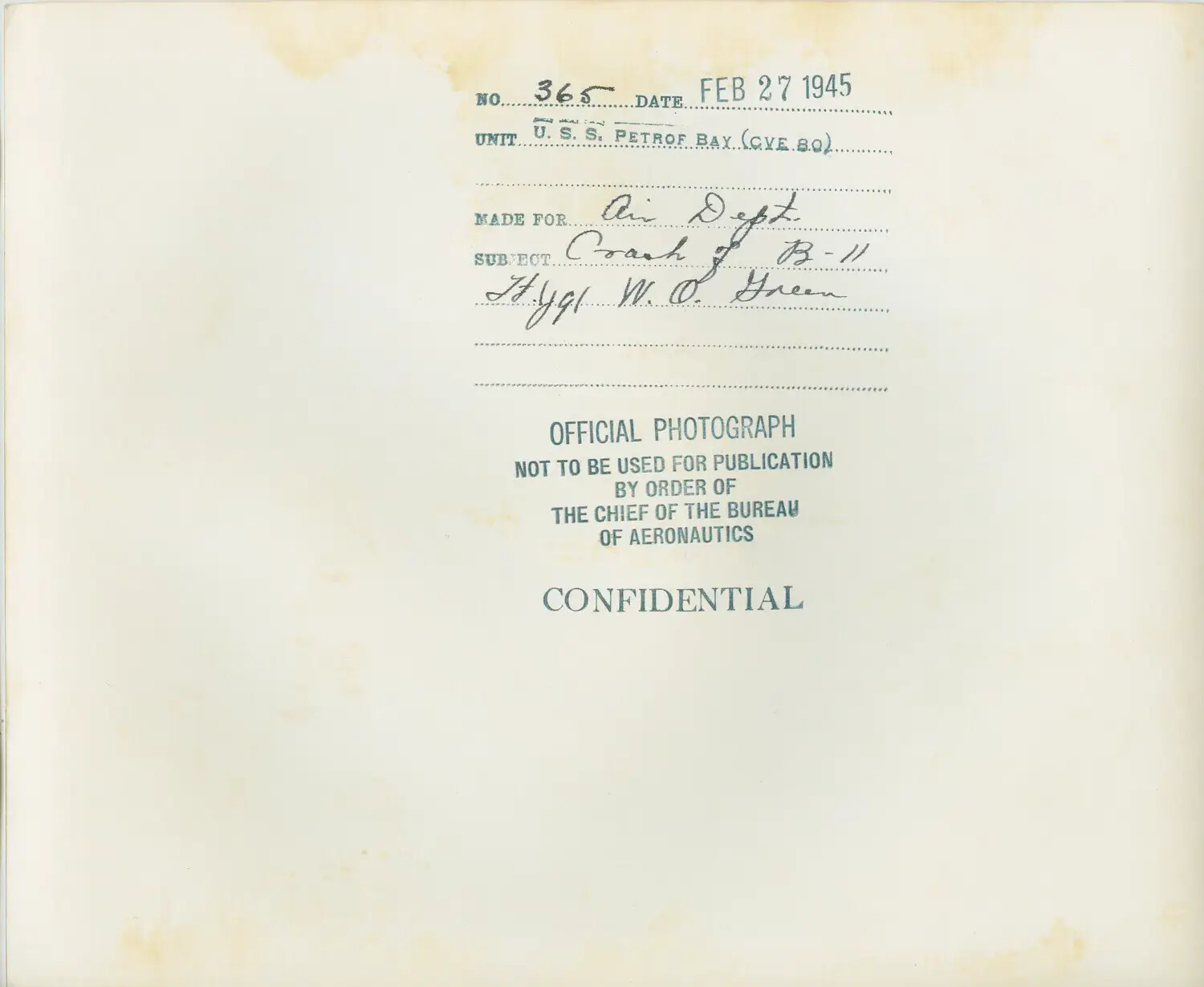 Official U.S. Navy Photograph Backing Card, USS Petrof Bay (CVE-80), Subject: Crash of B-11, February 27, 1945