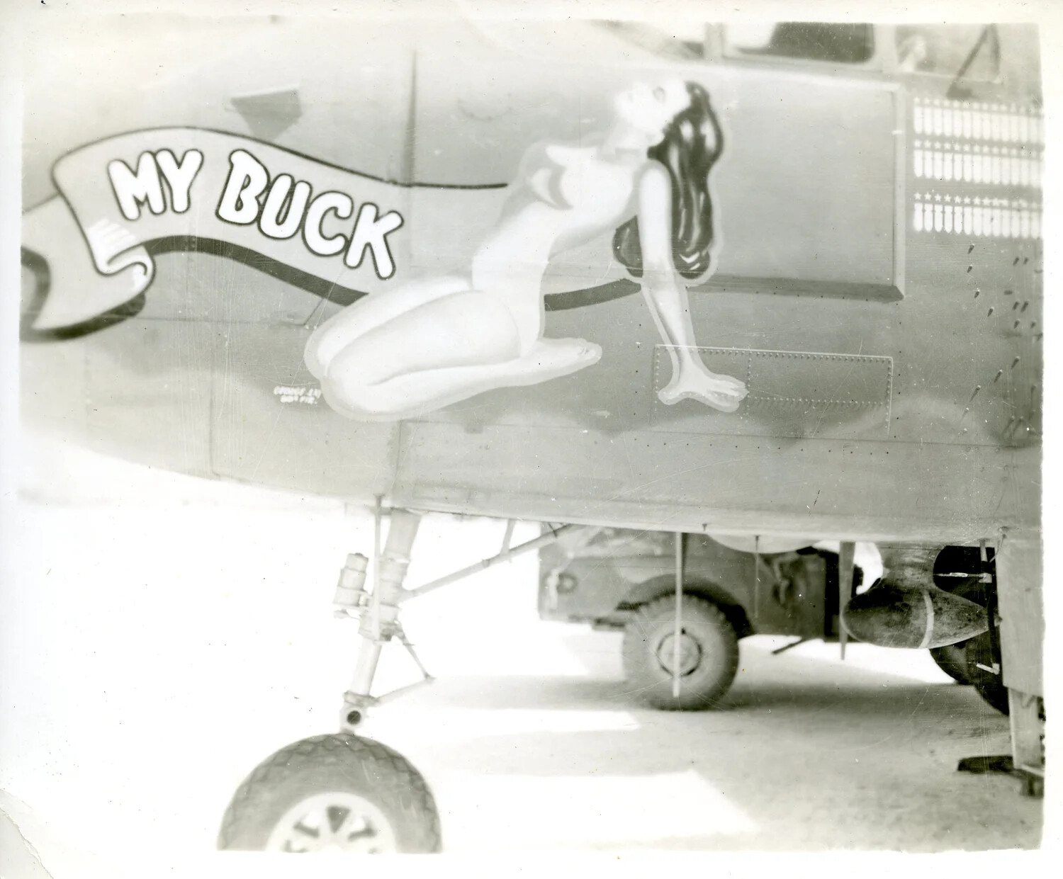 Nose Art 'My Buck' with Pin-Up Figure and Mission Tally Markers on B-25 Mitchell, Pacific Theater, WWII