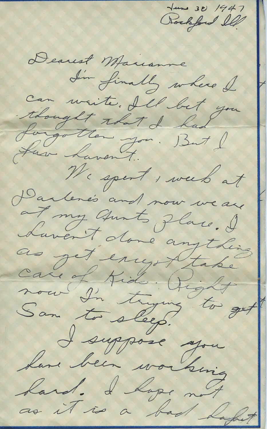 Handwritten Letter to 'Dearest Marianne,' Rockford, Illinois, June 30, 1947