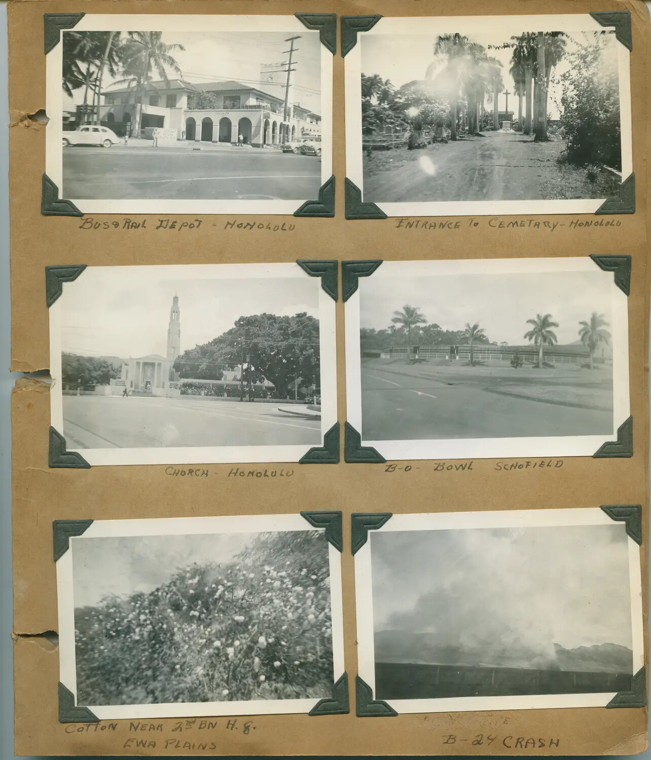 World War II Personal Photo Album Page, Oahu, Hawaii: Honolulu Landmarks, Schofield Barracks, and B-24 Crash Site