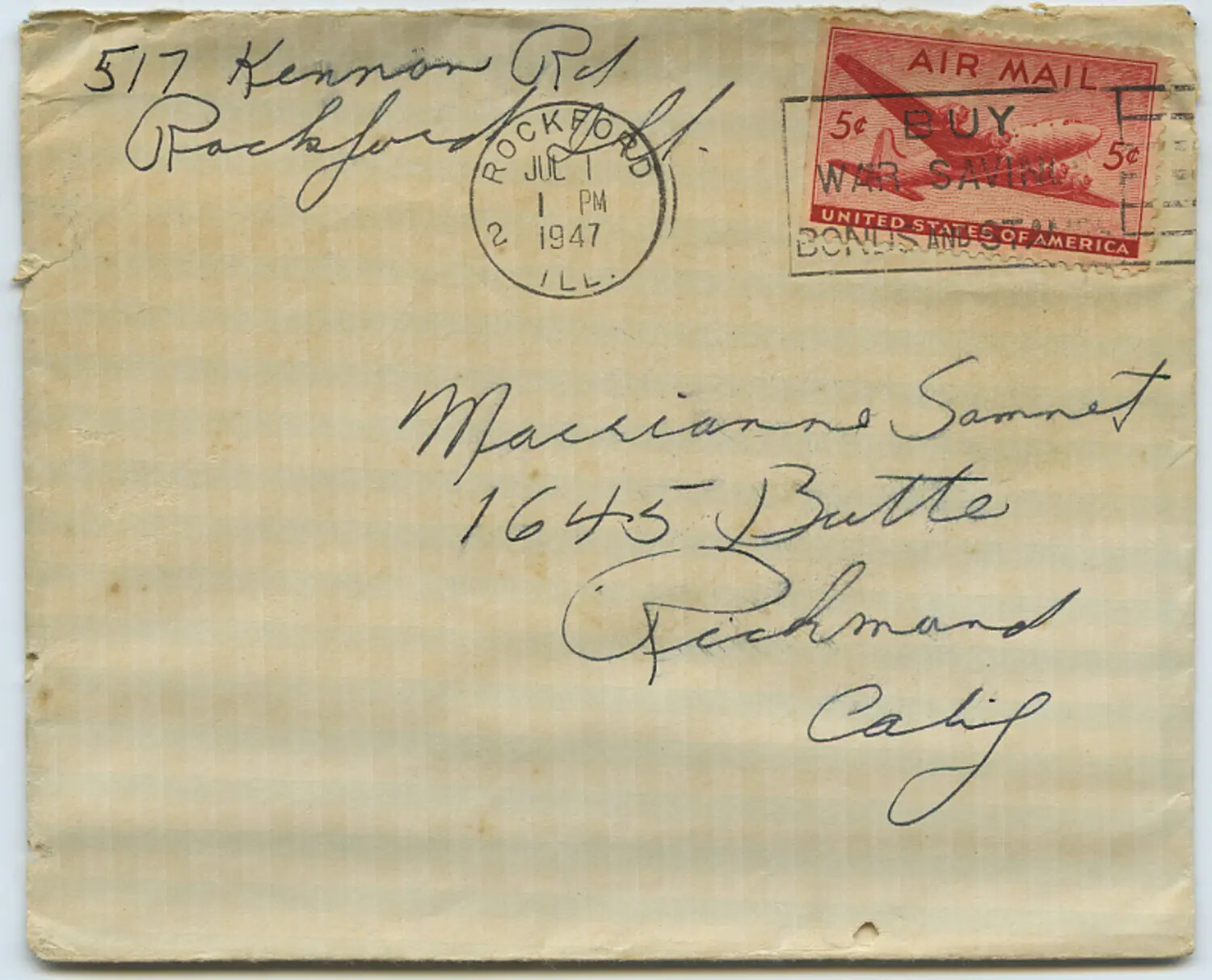 Air Mail Envelope Addressed to Marrianne Sammiet, Richmond, California, Postmarked Rockford, Illinois, 1947