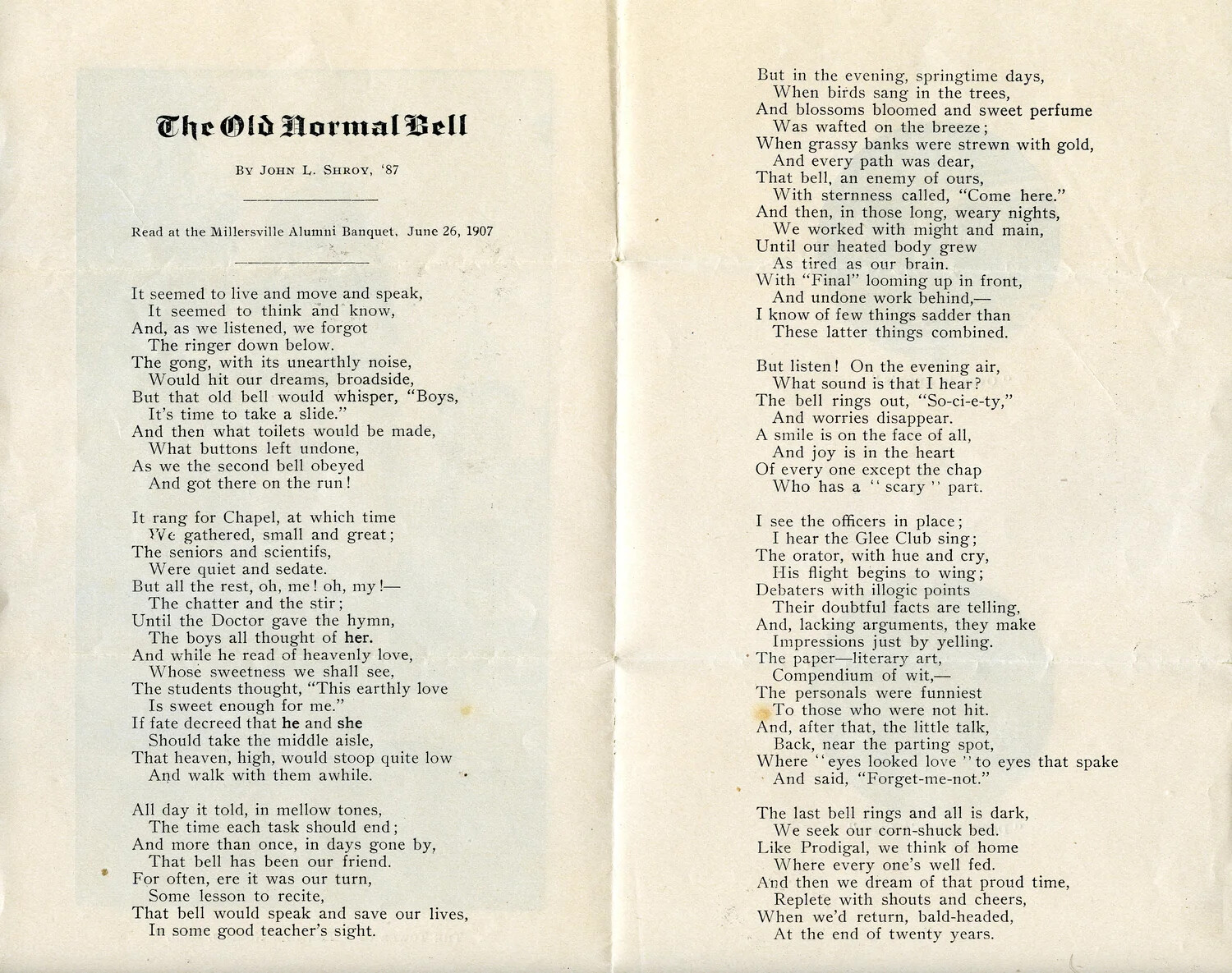 Printed Page: "The Old Normal Bell" by John L. Shroy, Millersville Alumni Banquet Poem, 1907